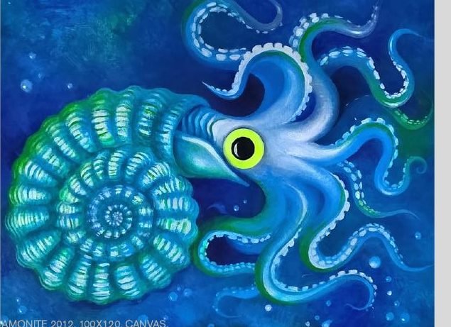 Amonite, 2012: pintura de una amonita con tentáculos en azul y verde, de Denis Veles